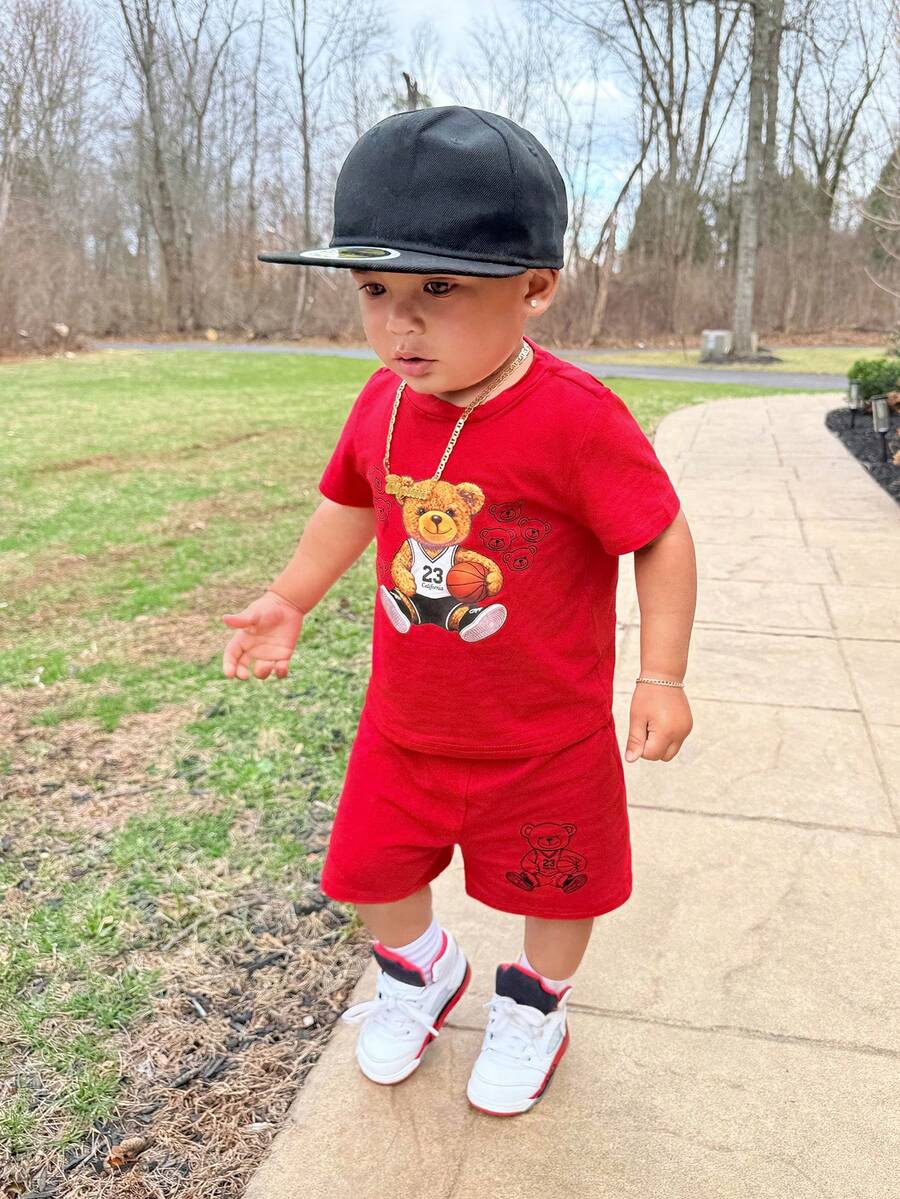 Baby Boy 2pcs/Set Casual Round Neck Short Sleeve Shorts Suit,Red,Summer,Cute,Beach,Pastel Colors For Kids,Bikercore,Family Trip,I Love Mommy & Daddy - Red - View 1