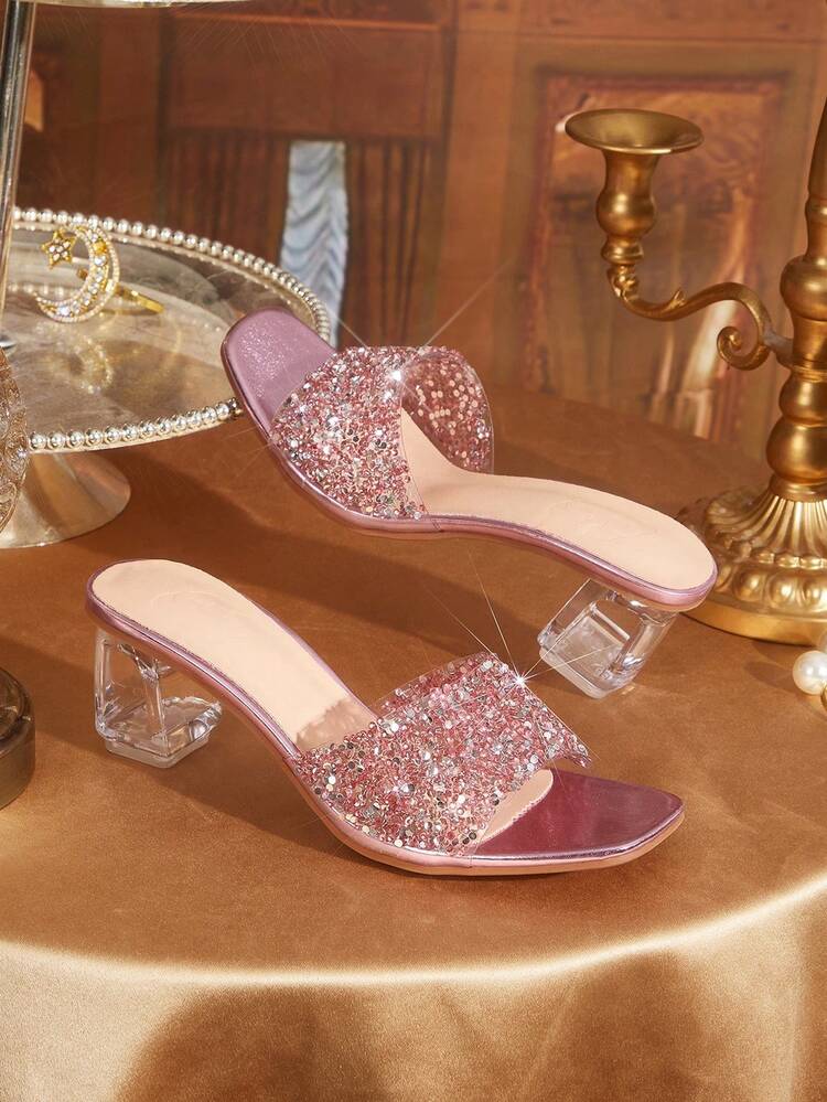 CUCCOO TILAWA Fashionable Transparent Asymmetric Chunky Heel Women's Glass Rhinestone Sandals, Slip-On Square Toe Glossy Strap High Heel Sandals, Comfortable Heel Type For Party And Daily Wear