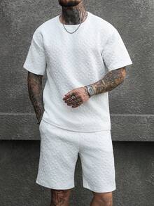 Manfinity CasualCool 男士纹理短袖休闲T恤和短裤套装 - 白色 - 查看 3