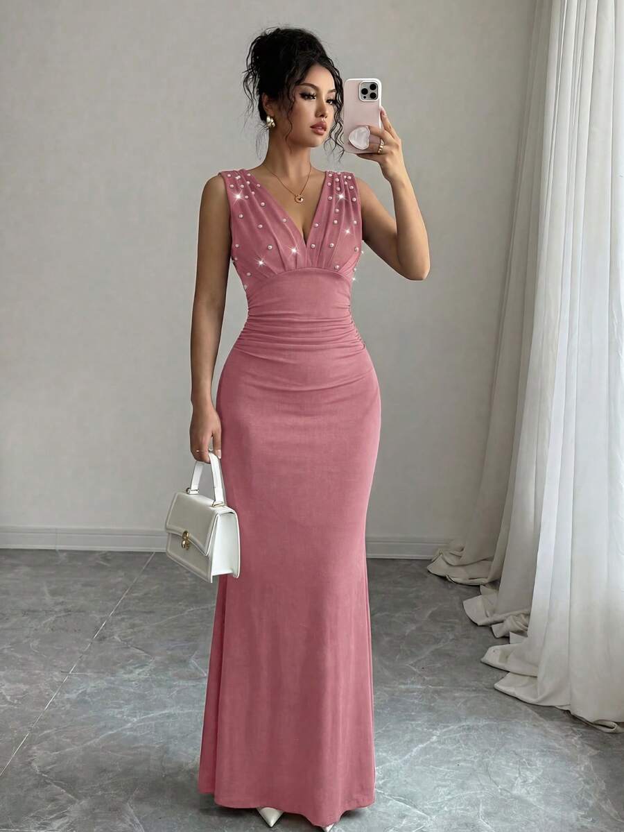 Elenzga Plus Size Women Elegant V-Neck Sleeveless Beaded Bodycon Party Dress - Blush Crush - View 1