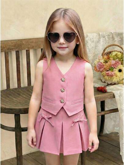 LMoss Kids Bộ 2 món áo ba lỗ và chân váy dệt màu trơn cho bé gái, kiểu dáng thường ngày.