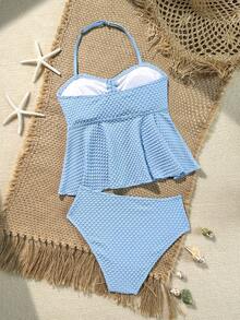 SHEIN 少女款可爱针织提花面料吊带荷叶边下摆泳衣两件套，欧美时尚精致休闲优雅女士款，适合游泳、海滩、度假、夏季穿着 - 藍色 - 查看 2