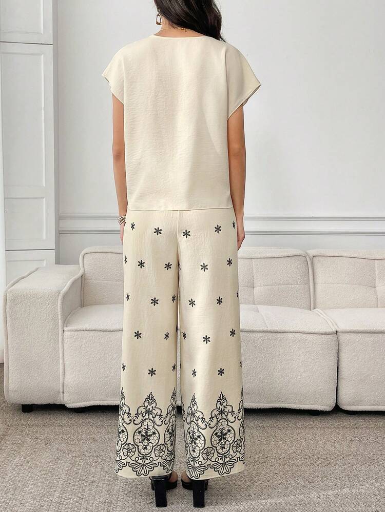Women's Solid Color Round Neck Knotted Shirt And Floral Print Wide Leg Pants Loose 2 Pieces Set Casual Dresses For Women Summer Spring Outfit For Women Dress Zanea Dress For Woman,Summer Outfit For Women ,Vacation Outfits Women