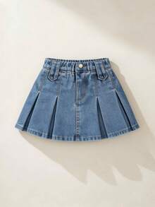 SHEIN Young Girl Fold Pleated Denim Skirt,Spring Summer Boho Cute - Medium Wash - View 7