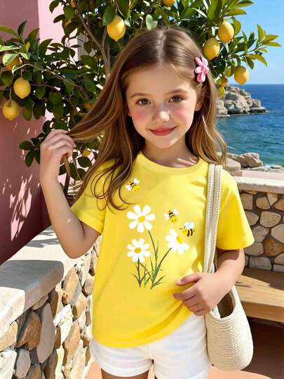Camiseta de manga corta con estampado gráfico de abeja y floral, cómoda para uso diario en primavera, verano y otoño