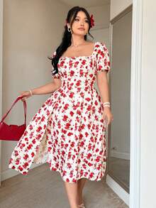 Celure 大码女式印花方领花瓣袖侧开衩下摆时尚连衣裙 - 彩色 - 查看 5