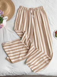 SHEIN EZwear 大码女式条纹休闲百搭日常裤 - 卡其色 - 查看 5
