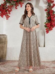 Al Najma 优雅别致的撞色拼接阿拉伯女式连衣裙，阿拉伯连衣裙 - 杏色 - 查看 7