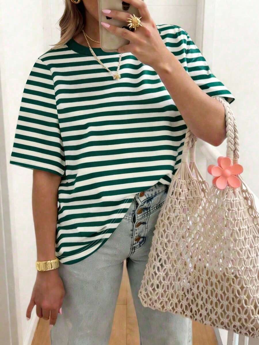 EMERY ROSE Plus Size Women Striped Round Neck Casual Versatile Daily Wear Short Sleeve T-Shirt - Green - View 1