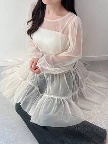 FRIFUL Women's Solid Color Sheer Ruffle Hem Dress Sun Dresses For Women - Beige - View 6