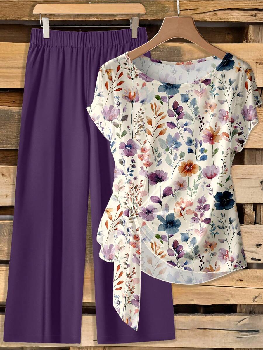 EMERY ROSE 女士系带蝴蝶结衬衫和直筒裤两件套 - 彩色 - 查看 1