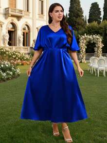 Zaforene Plus Size Women V-Neck Ruched Waist Elegant Party Formal Wedding Guest Dress Royal Blue Summer - Blue - View 5