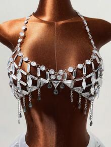 Mistrie Women's Rhinestone Glitter Halter Top , Silver Hollow-Out Gem Chain Top, Summer 70s Party Rave, Holographic Shiny Body Chain Jewelry - Silver - View 1