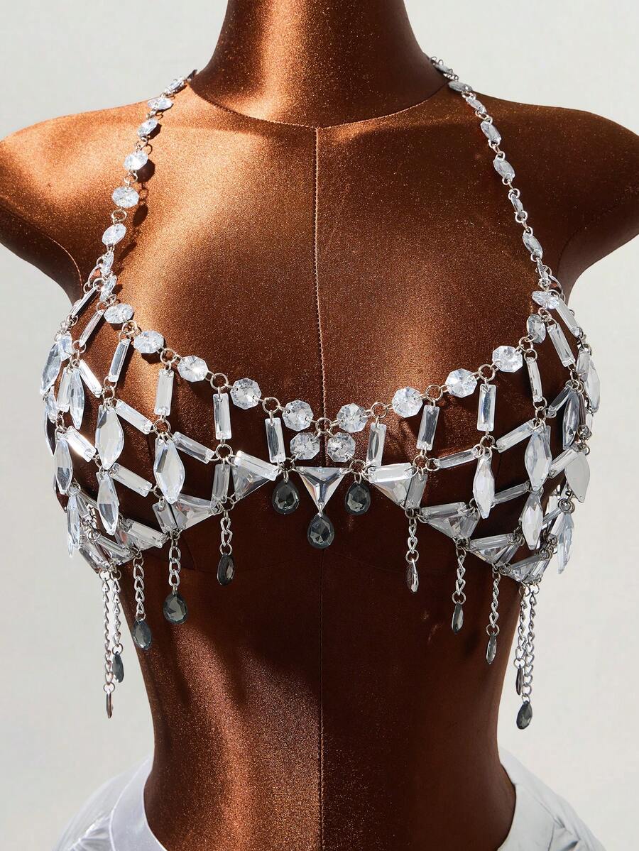 Mistrie Women's Rhinestone Glitter Halter Top , Silver Hollow-Out Gem Chain Top, Summer 70s Party Rave, Holographic Shiny Body Chain Jewelry - Silver - View 1