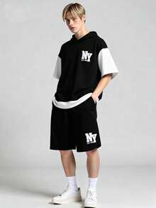 Vacaura Conjunto de sudadera con capucha y pantalones cortos minimalista de contraste de color para adolescentes, adecuado para el uso diario y el deporte - Negro - Ver 9
