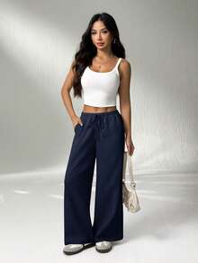 SHEIN PETITE Pantalones de mujer de color albaricoque, negro y multicolor. Conjunto de dos piezas que combina fácilmente para múltiples ocasiones, casual y cómodo para todo uso - Multicolor - Ver 6
