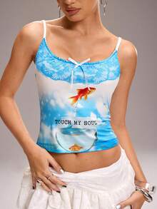 Y2Kool Maria Clara Maia Tank Top Crop Pas Badan Wanita dengan Tali Bahu Tipis dan Hiasan Pita untuk Musim Panas - Blue and White - View 3