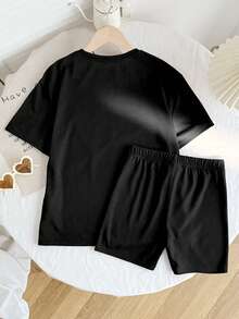 Bộ 2 món thời trang thường ngày cho bé gái tuổi teen, áo thun đen rộng và quần short bó sát, trang phục màu đen, phong cách thể thao, phù hợp cho mặc hàng ngày, lễ hội âm nhạc, trường học, ở nhà. - màu đen - Xem 2