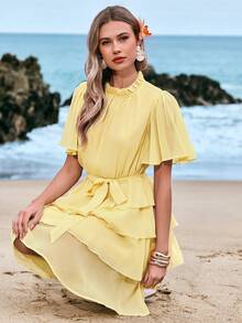 Amorya Women's Elegant Yellow Summer Chiffon A-Line Tiered Dress,Short Sleeve Flowy Tea Party Dress,Bohemian Beach Vacation Wedding Guest Holiday Outfits - Light Yellow - View 8