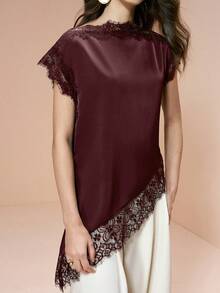 Arave 2026 Women Summer Burgundy Satin Lace Elegant Long Top,Autumn Asymmetric Hemline Blouse,Modern Urban Casual Business Office Wear, Wedding Guest - Burgundy - View 6