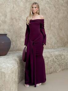 BiaLiraa Fall Winter Party Dinner Banquet Modest Old Money Coquette Glitter Holiday Party Rave Festival Outing Vacation Hot Outdoor Richly Layered Wedding Season Banquet Coming Of Age Ceremony Off Off Shoulder Flare Sleeve Waist Cinched Ruched Tie-Knot Maxi Sweater Dress For Women Luxury Prom ID Al-Adha Al-Adha Party New Year - Burgundy - View 1