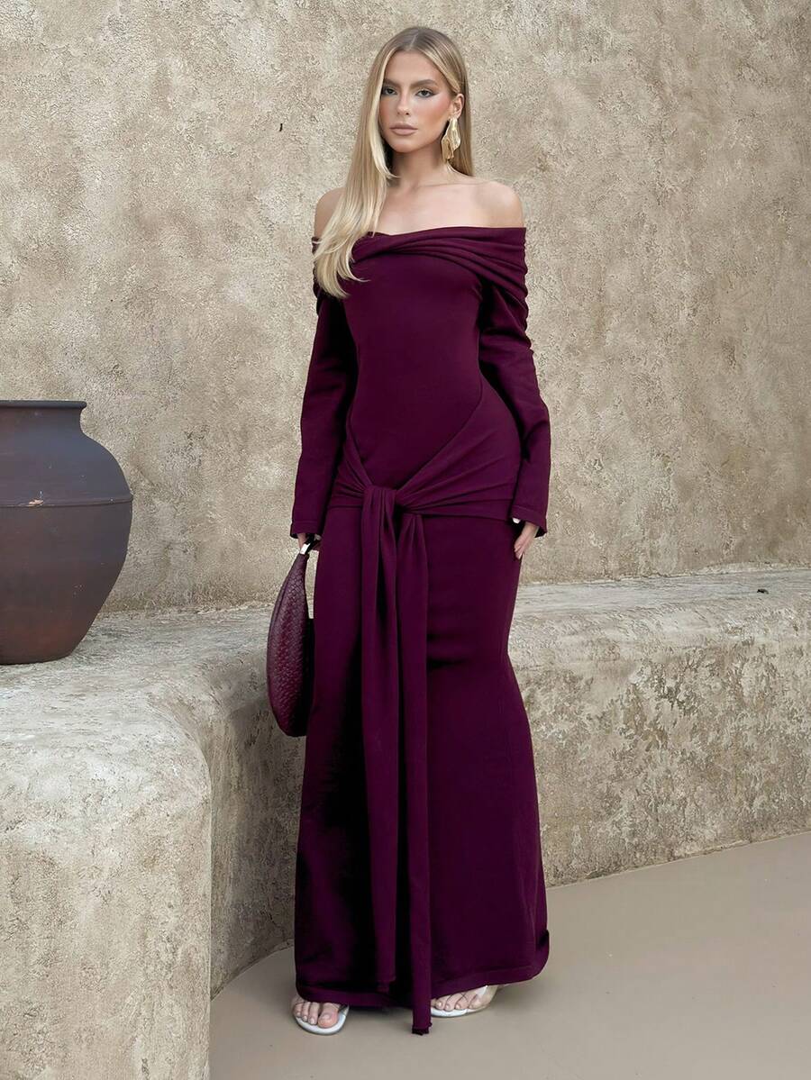 BiaLiraa Fall Winter Party Dinner Banquet Modest Old Money Coquette Glitter Holiday Party Rave Festival Outing Vacation Hot Outdoor Richly Layered Wedding Season Banquet Coming Of Age Ceremony Off Off Shoulder Flare Sleeve Waist Cinched Ruched Tie-Knot Maxi Sweater Dress For Women Luxury Prom ID Al-Adha Al-Adha Party New Year - Burgundy - View 1