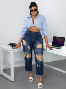 SHEIN SXY Plus Size Casual Washed Distressed Denim Jeans - Navy Blue - View 5