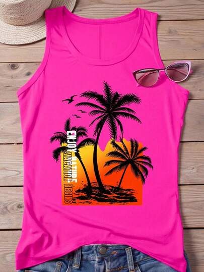 DrmWander Plus Size Women Round Neck Letter & Palm Tree Print Casual Versatile Daily Wear Top