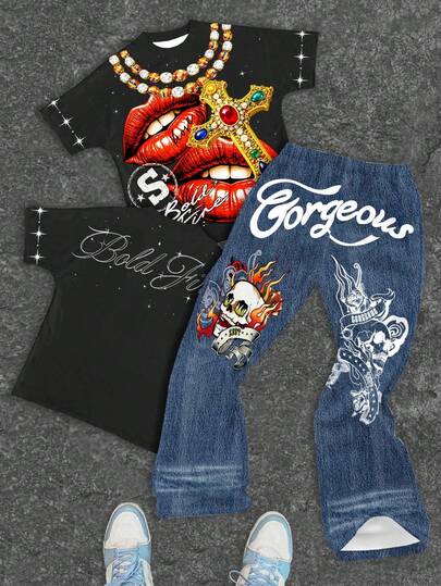 Tween Boy Letter & Lip Print Short Sleeve T-Shirt And Skull Print Casual Pants Set