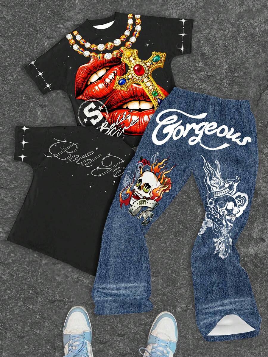 Tween Boy Letter & Lip Print Short Sleeve T-Shirt And Skull Print Casual Pants Set - Multicolor - View 1