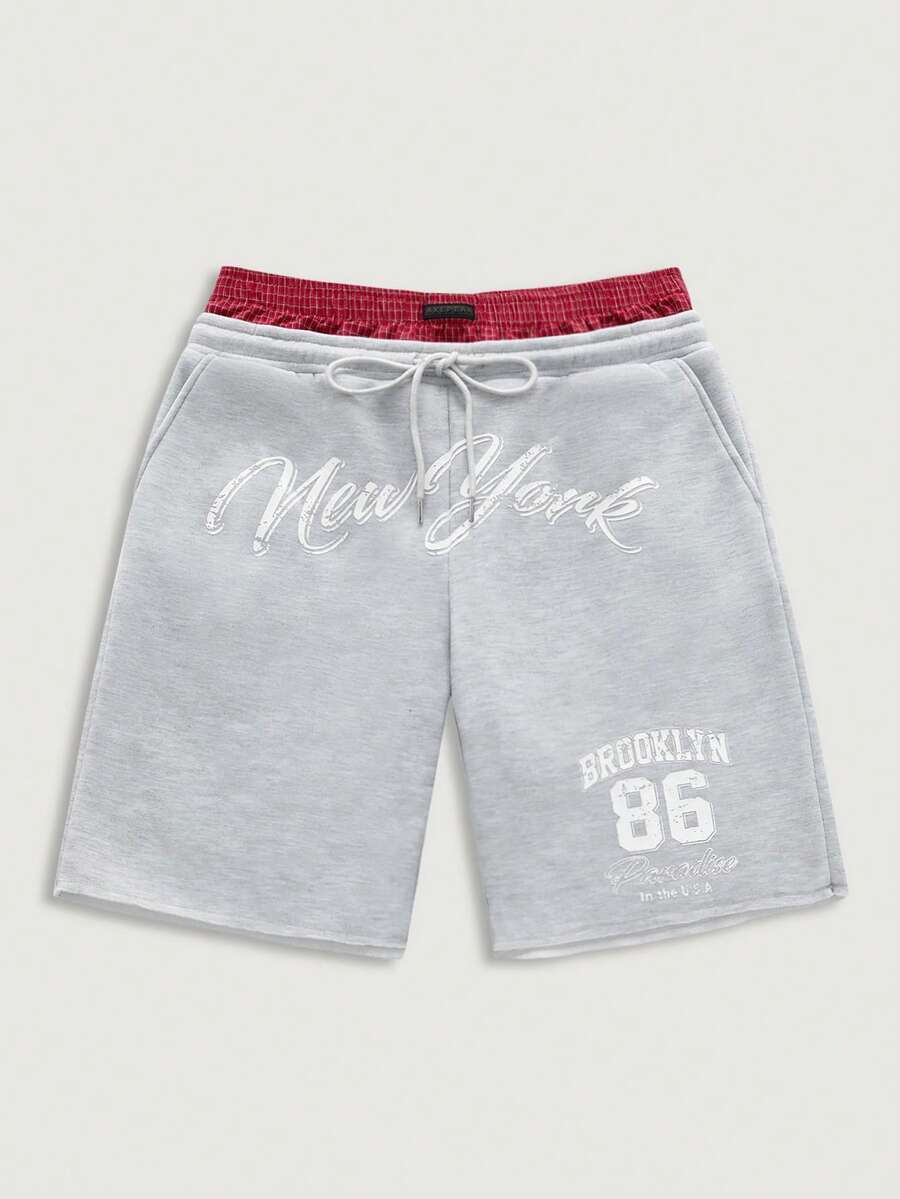 Courvante Quần short nam hai lớp cạp chun có dây rút, in chữ, kiểu dáng thường ngày, quần jogger nam, phong cách đường phố Brooklyn 86 màu xám, mùa hè, thể thao golf, có túi, quà tặng Ngày của Cha - Màu Xám nhạt - Xem 1