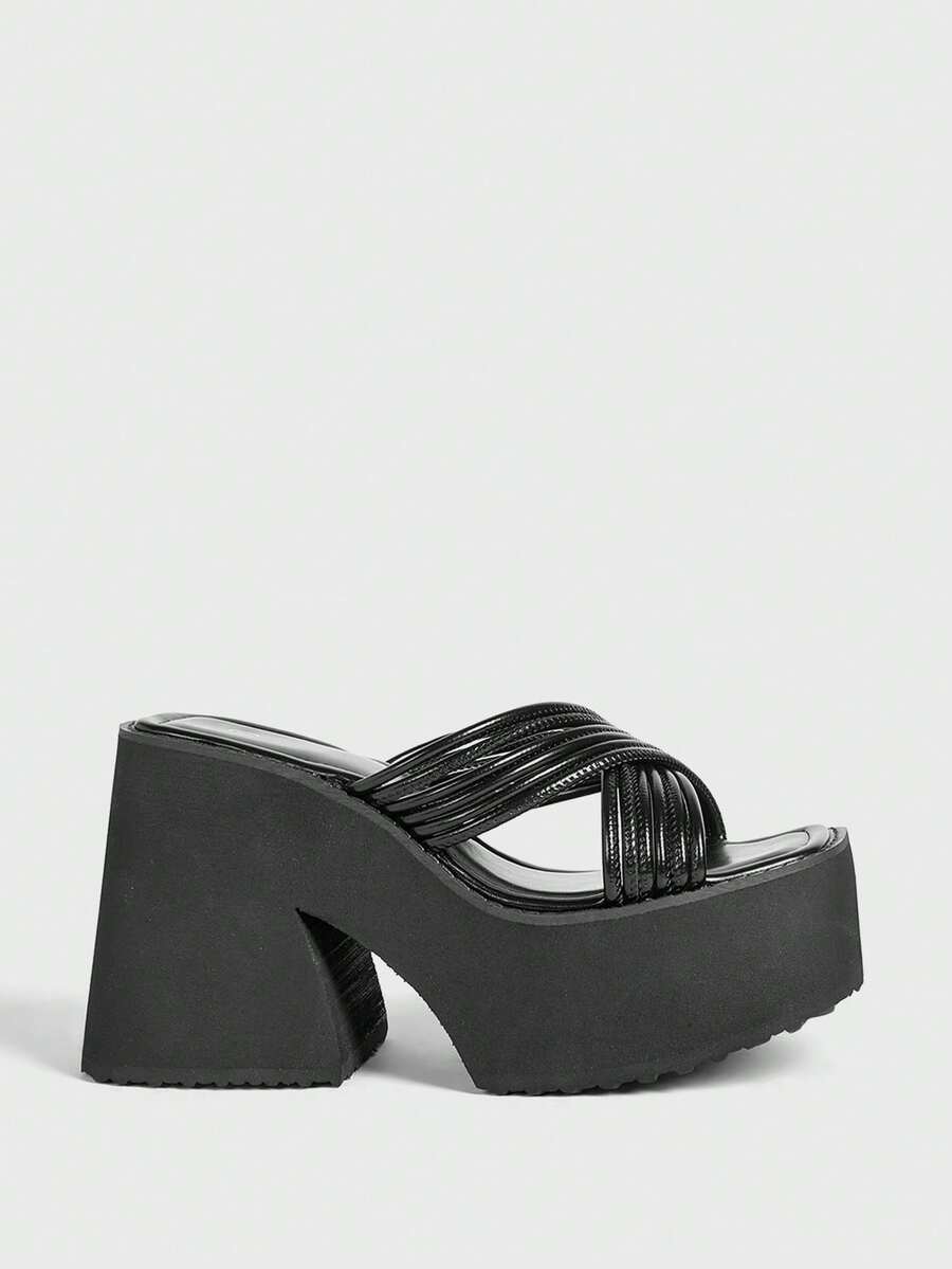 Sugerpunk Giày sandal cao gót đế xuồng kiểu dáng thường ngày gợi cảm dành cho nữ, kiểu Gothic Punk, mũi vuông hở ngón với quai chéo trang trí, hoàn hảo cho mùa xuân/hè đi làm, dự tiệc và nghỉ lễ. - màu đen - Xem 1