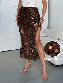 Lavishia Women's Mesh Sequin Side Slit Sexy Fashion Mini Skirt - Chocolate Brown - View 8