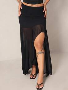 Rayane Ketlyn Women's Solid Color Pleated Mesh Patchwork Side Slit Skirt - Black - View 3