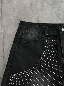 AXEPEAK Men's Black Rhinestone Embellished Loose Fit Bermuda Shorts Rhinestone Jorts Men - Black - View 4