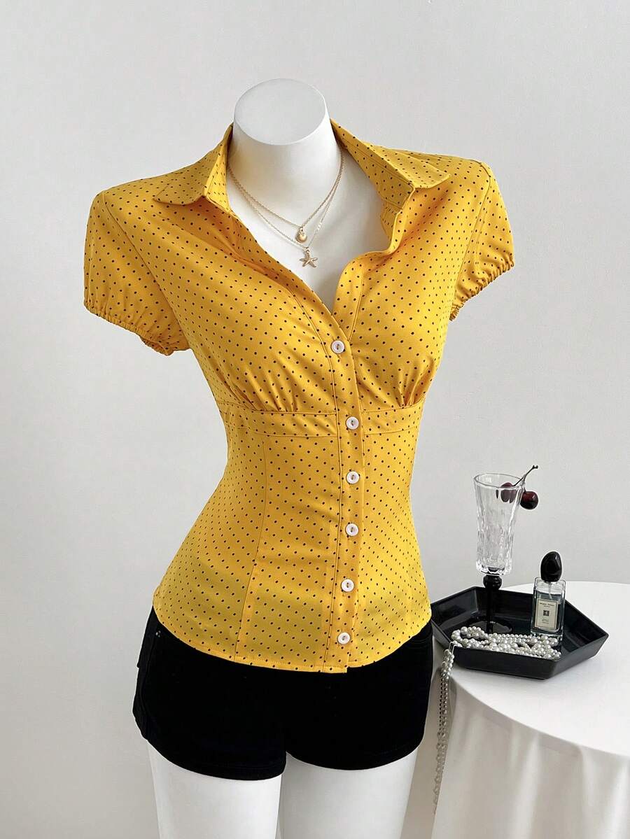 Elamini Polka Dot Print Lapel Fitted Short Sleeve Blouse For Women Womens Shirts For Summer Womens Work Tops Womens Tops And Blouses Polo Blouse For Women Formal - Yellow - View 1