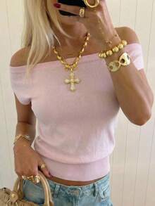 SHEIN EZwear Casual Solid Color Asymmetric Collar Sweater, Spring/Summer - Pink - View 7