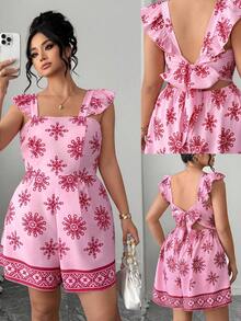 Elenzga Plus Size Women Elegant Casual Beach Holiday Minimalist Square Neck Cap Sleeve Tie-Front Backless Waist Cinched Short Printed Jumpsuit - Pink - View 1