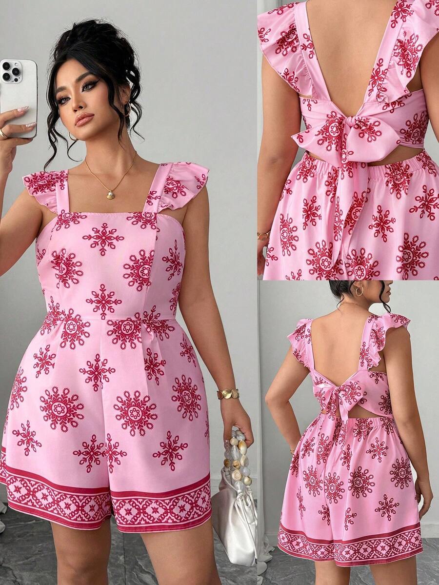 Elenzga Plus Size Women Elegant Casual Beach Holiday Minimalist Square Neck Cap Sleeve Tie-Front Backless Waist Cinched Short Printed Jumpsuit - Pink - View 1