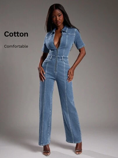 NYA SZN Denim Short Sleeve Jumpsuit Fitted Constrast Stitch Everyday Casual Teacher Concert Festival Business Casual Cotton Summer Outfits For Women
