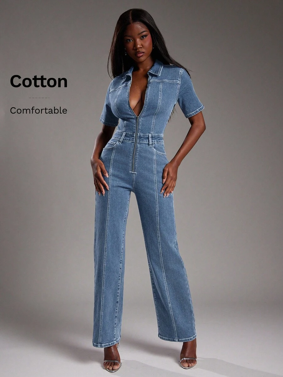 NYA SZN Denim Short Sleeve Jumpsuit Fitted Constrast Stitch Teacher Concert Cotton Summer Outfits For Women - Light Wash - View 1