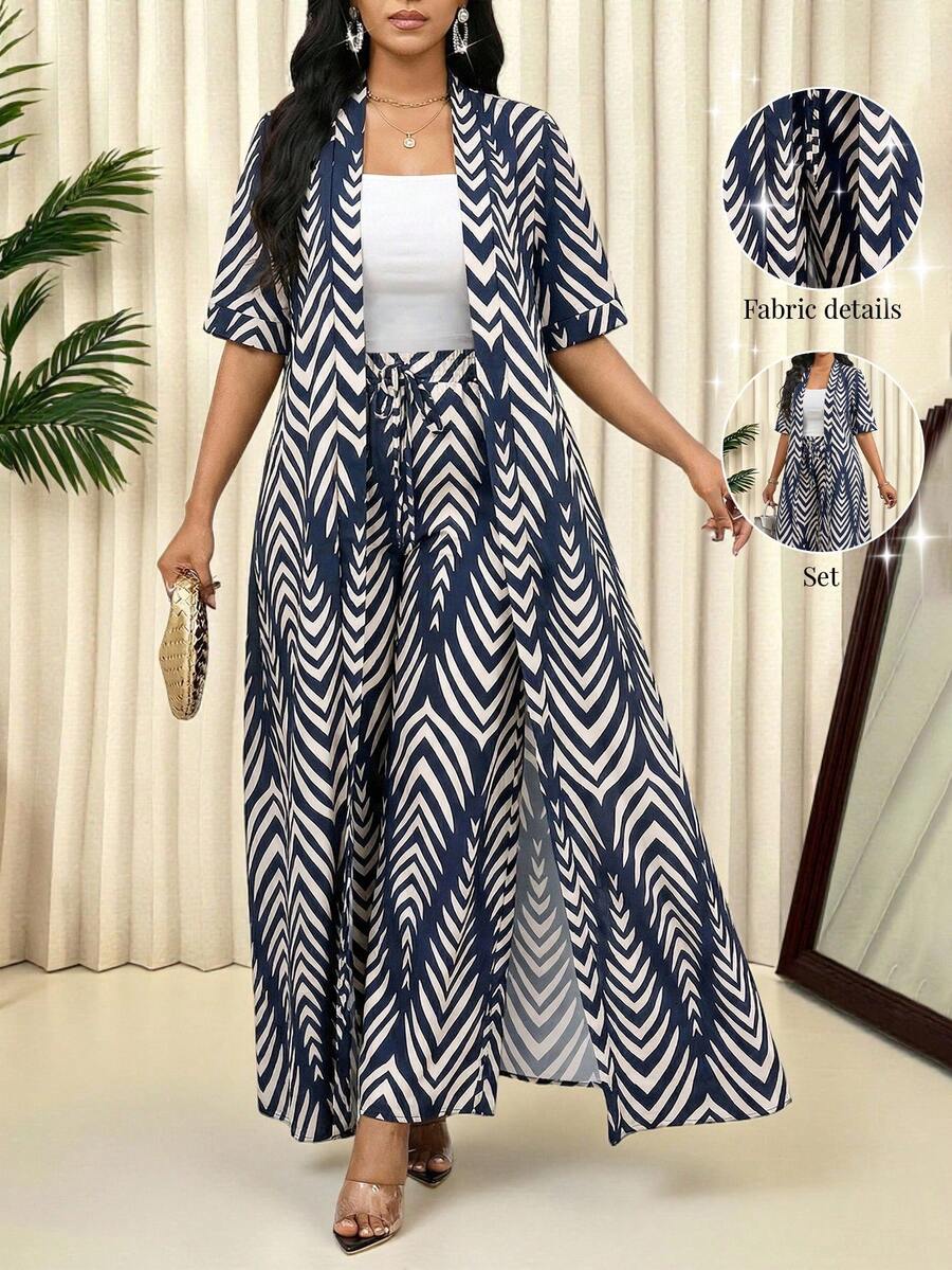 SHEIN Lady Bộ đồ 2 món dành cho nữ mùa hè, gồm áo ngắn tay và quần ống rộng in họa tiết toàn thân. - Màu xanh hải quân - Xem 1