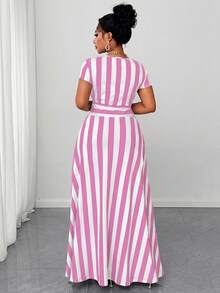 Maweii Plus Size Summer Casual Striped Deep V-Neck Split Dress - Pink - View 2