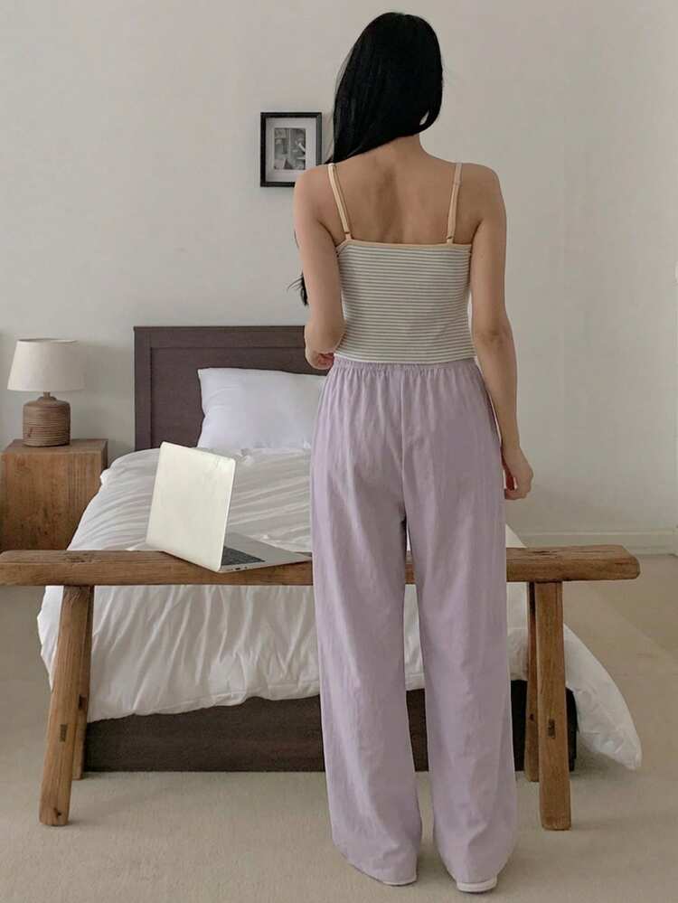 3pcs Striped Camisole, Solid Cardigan, And Pants Set, Women Spring Loungewear Outfit