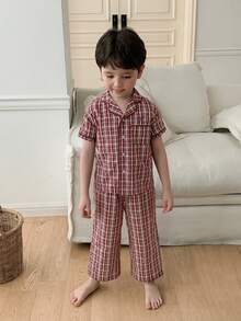 DAZY Leichte Jungen-Pyjamas Sommer Neu Farbblock Gestreift Junger Junge Schlafanzug Set, Jungen Loungewear - Bordeaux - Übersicht 3