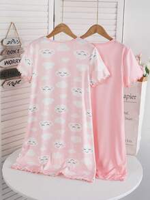 Genkimix Kids Tween Girls' Sweet Pink Butterfly Print A-Line 2 Pieces Short Sleeve Long Nightgown Loungewear Set - Pink - View 2