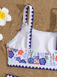 SHEIN Tween Girls Cute Bikini Sets,White Multicolor Floral & Leaf Print 2pcs Swimwear,Summer Vacation Holiday Beach Bathing Suits,Pool Party Bikini Set - Purple - View 5