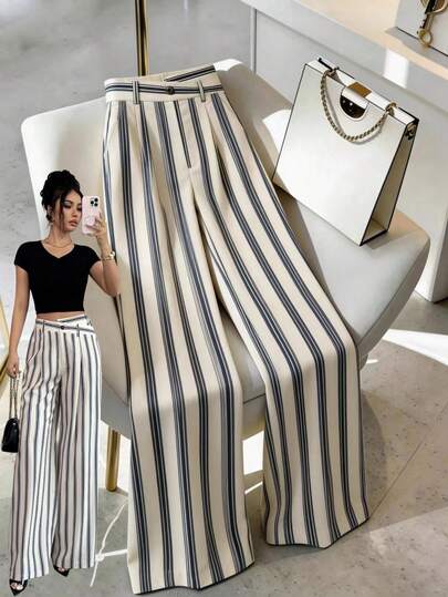 Elenzga Pantalones casuales de verano de nueva diseño con rayas verticales de cintura alta, cremallera delantera, cintura elástica, ajuste delgado de talle medio, cómodos y elegantes pantalones anchos y sueltos para mujeres