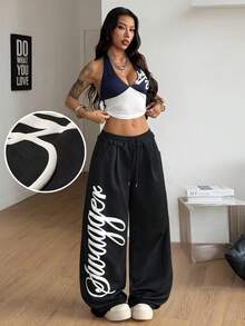 Coolane 黑色针织字母印花抽绳腰女裤 - 黑色 - 查看 4