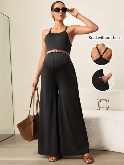 MaterniWear Maternity Solid Color Casual Wide Leg Jumpsuit, Summer
